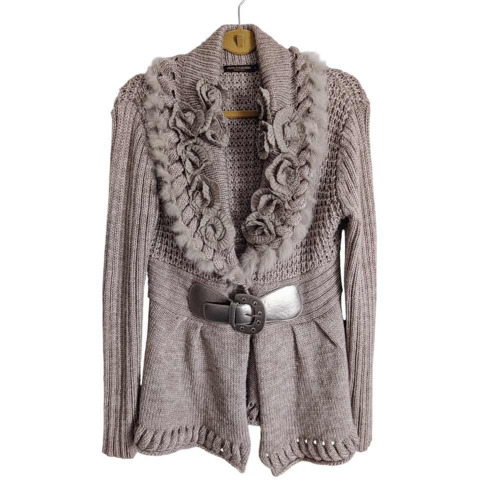 Vintage Y2K Whimsigoth Fairy Grunge Fur Embellished Floral Belted Wool Cardigan
